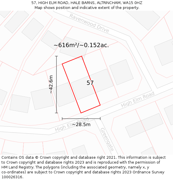 57, HIGH ELM ROAD, HALE BARNS, ALTRINCHAM, WA15 0HZ: Plot and title map
