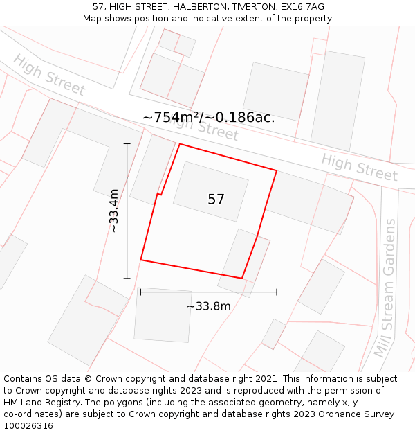 57, HIGH STREET, HALBERTON, TIVERTON, EX16 7AG: Plot and title map