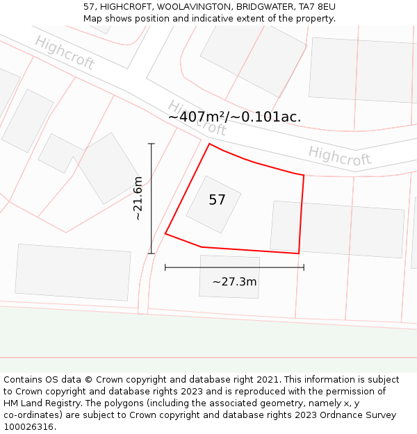 57, HIGHCROFT, WOOLAVINGTON, BRIDGWATER, TA7 8EU: Plot and title map