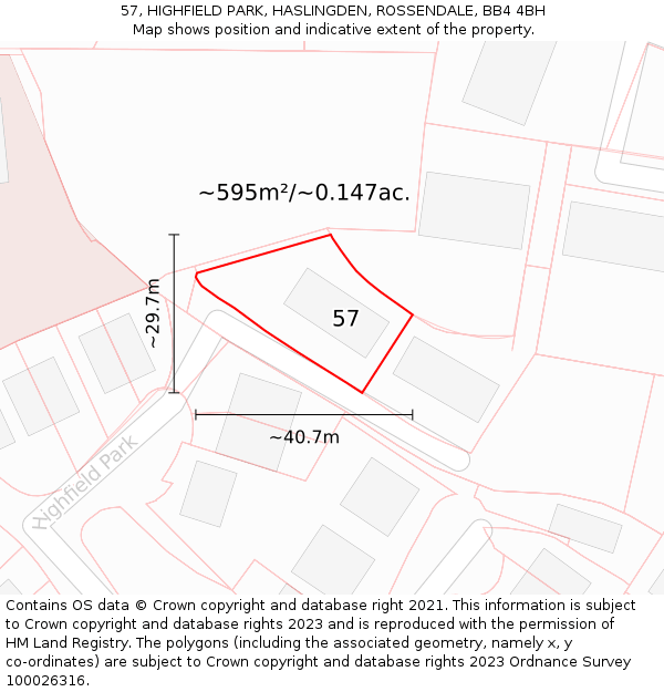 57, HIGHFIELD PARK, HASLINGDEN, ROSSENDALE, BB4 4BH: Plot and title map