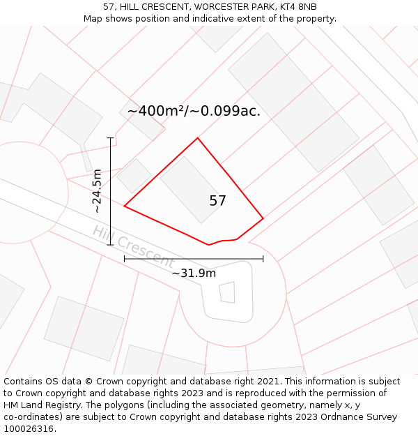 57, HILL CRESCENT, WORCESTER PARK, KT4 8NB: Plot and title map