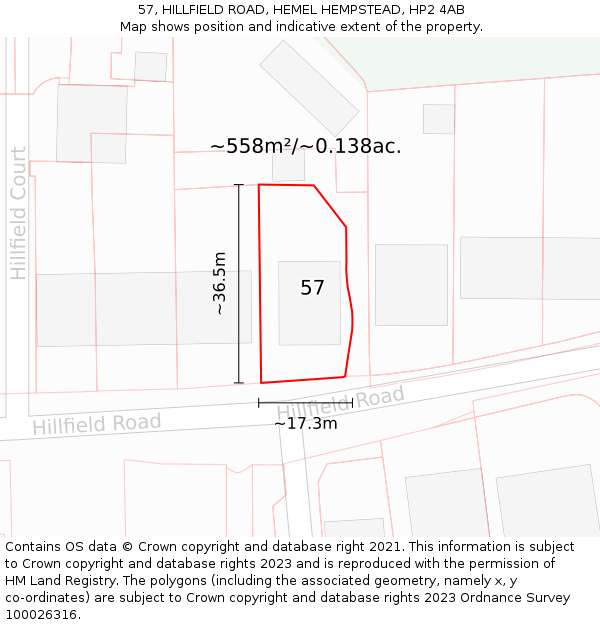 57, HILLFIELD ROAD, HEMEL HEMPSTEAD, HP2 4AB: Plot and title map