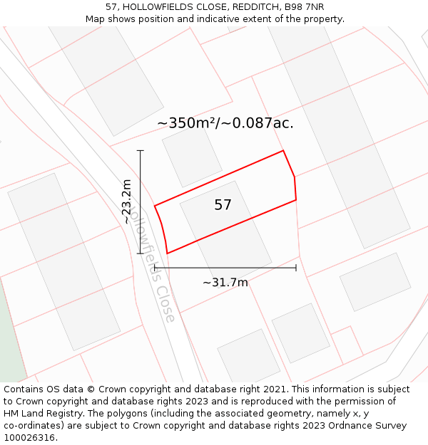 57, HOLLOWFIELDS CLOSE, REDDITCH, B98 7NR: Plot and title map