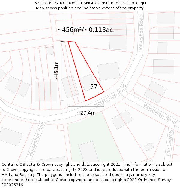 57, HORSESHOE ROAD, PANGBOURNE, READING, RG8 7JH: Plot and title map