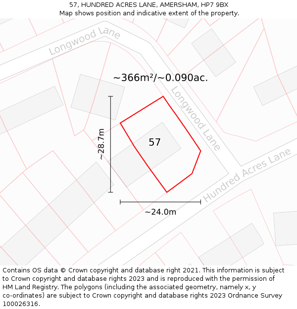 57, HUNDRED ACRES LANE, AMERSHAM, HP7 9BX: Plot and title map