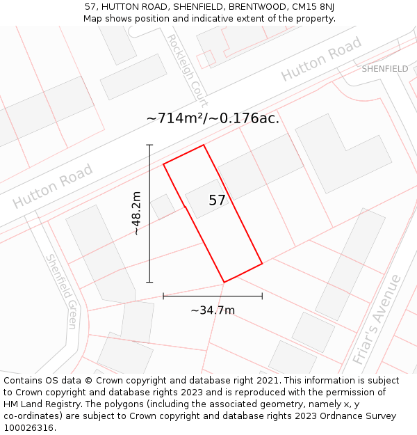 57, HUTTON ROAD, SHENFIELD, BRENTWOOD, CM15 8NJ: Plot and title map