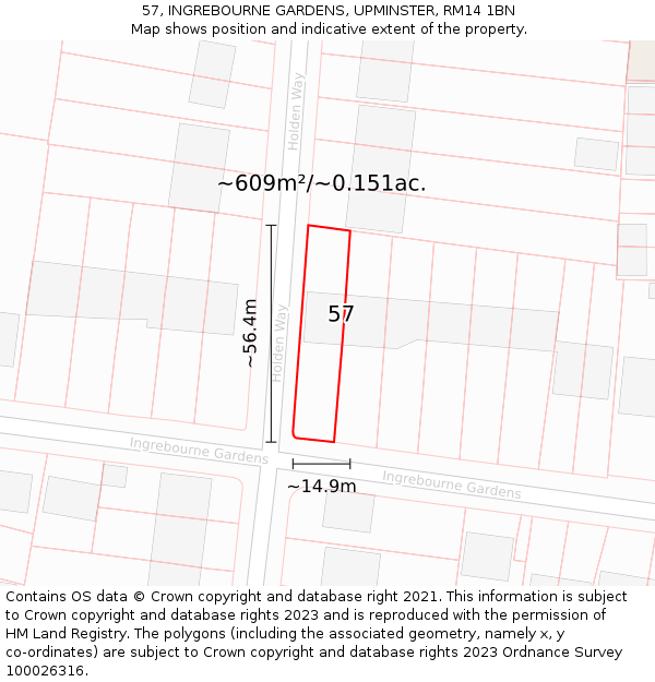 57, INGREBOURNE GARDENS, UPMINSTER, RM14 1BN: Plot and title map