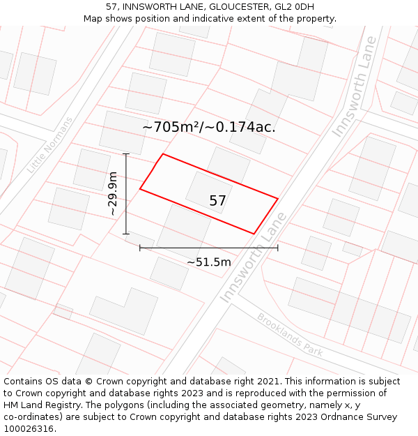 57, INNSWORTH LANE, GLOUCESTER, GL2 0DH: Plot and title map