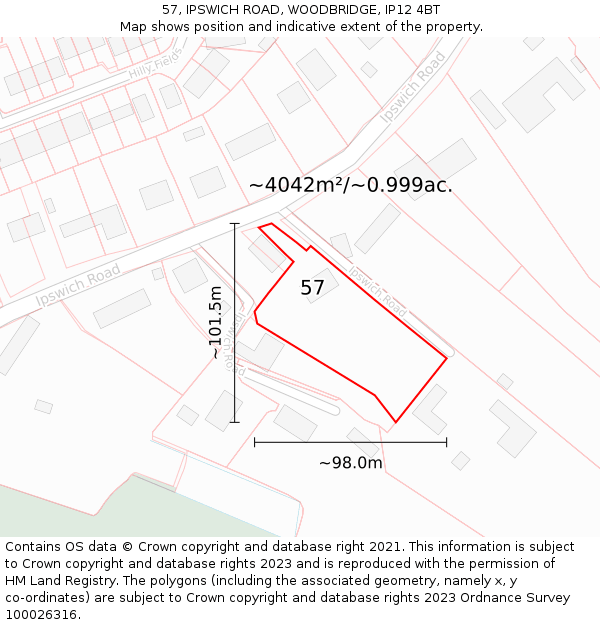 57, IPSWICH ROAD, WOODBRIDGE, IP12 4BT: Plot and title map