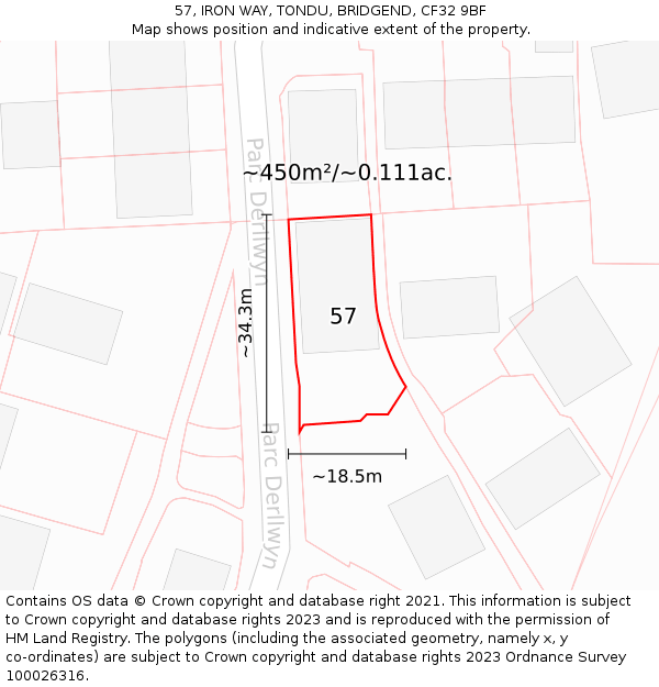 57, IRON WAY, TONDU, BRIDGEND, CF32 9BF: Plot and title map