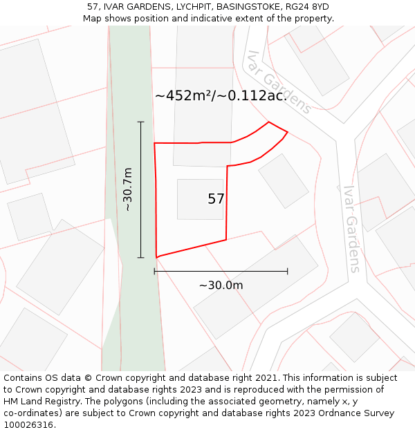 57, IVAR GARDENS, LYCHPIT, BASINGSTOKE, RG24 8YD: Plot and title map