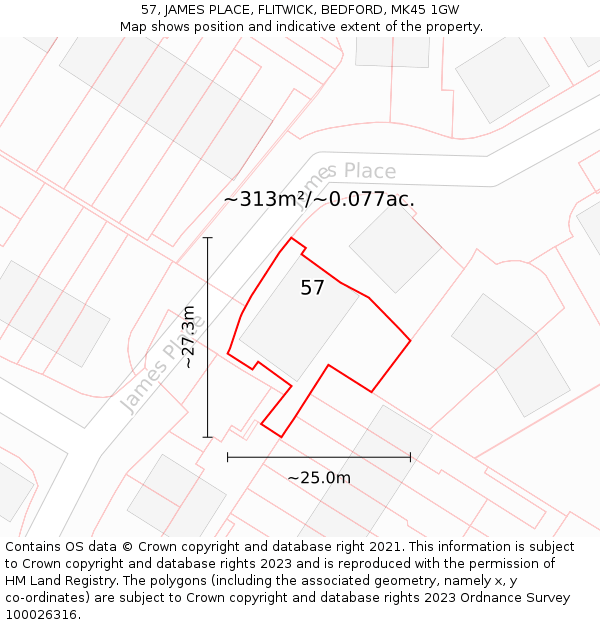 57, JAMES PLACE, FLITWICK, BEDFORD, MK45 1GW: Plot and title map