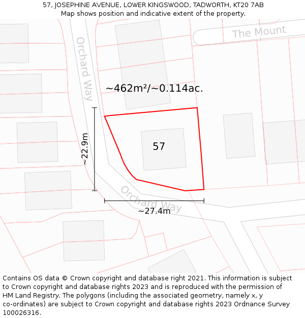57, JOSEPHINE AVENUE, LOWER KINGSWOOD, TADWORTH, KT20 7AB: Plot and title map