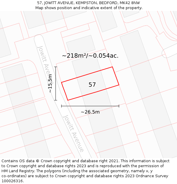 57, JOWITT AVENUE, KEMPSTON, BEDFORD, MK42 8NW: Plot and title map