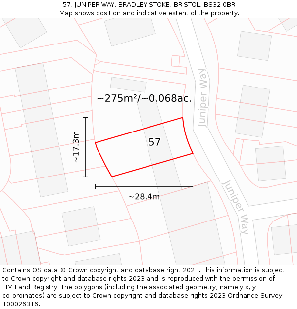 57, JUNIPER WAY, BRADLEY STOKE, BRISTOL, BS32 0BR: Plot and title map