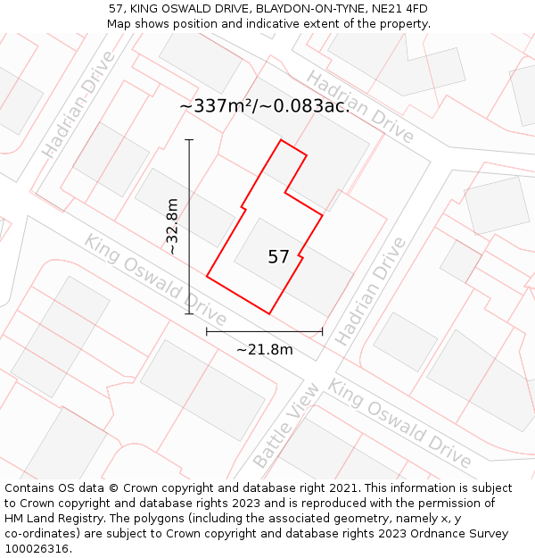 57, KING OSWALD DRIVE, BLAYDON-ON-TYNE, NE21 4FD: Plot and title map