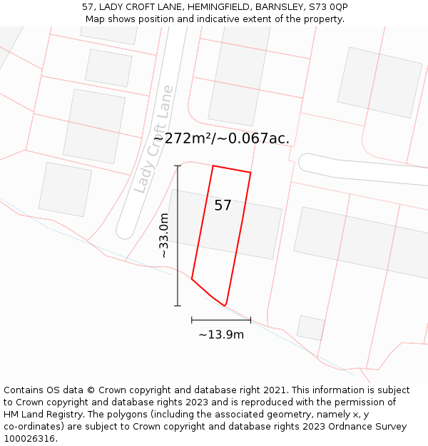 57, LADY CROFT LANE, HEMINGFIELD, BARNSLEY, S73 0QP: Plot and title map