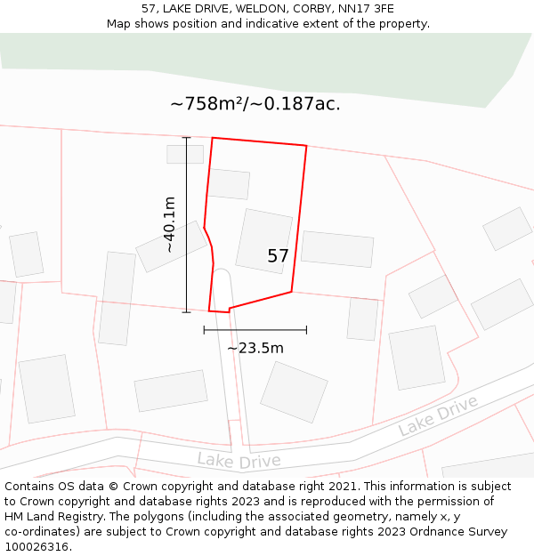 57, LAKE DRIVE, WELDON, CORBY, NN17 3FE: Plot and title map
