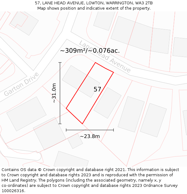 57, LANE HEAD AVENUE, LOWTON, WARRINGTON, WA3 2TB: Plot and title map