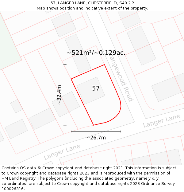 57, LANGER LANE, CHESTERFIELD, S40 2JP: Plot and title map