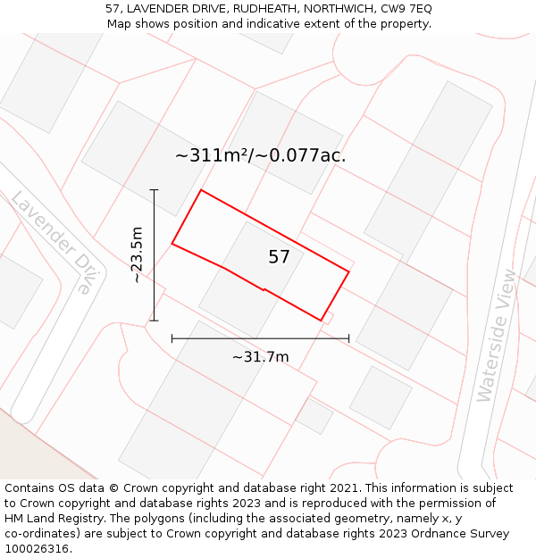 57, LAVENDER DRIVE, RUDHEATH, NORTHWICH, CW9 7EQ: Plot and title map