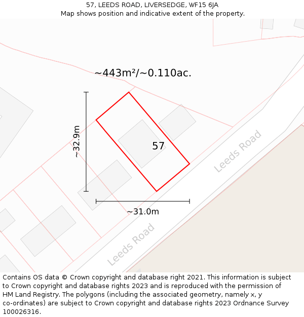 57, LEEDS ROAD, LIVERSEDGE, WF15 6JA: Plot and title map
