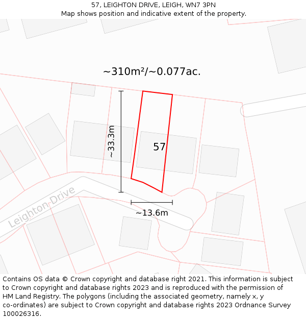 57, LEIGHTON DRIVE, LEIGH, WN7 3PN: Plot and title map