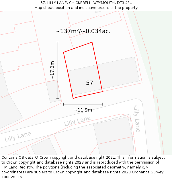 57, LILLY LANE, CHICKERELL, WEYMOUTH, DT3 4FU: Plot and title map