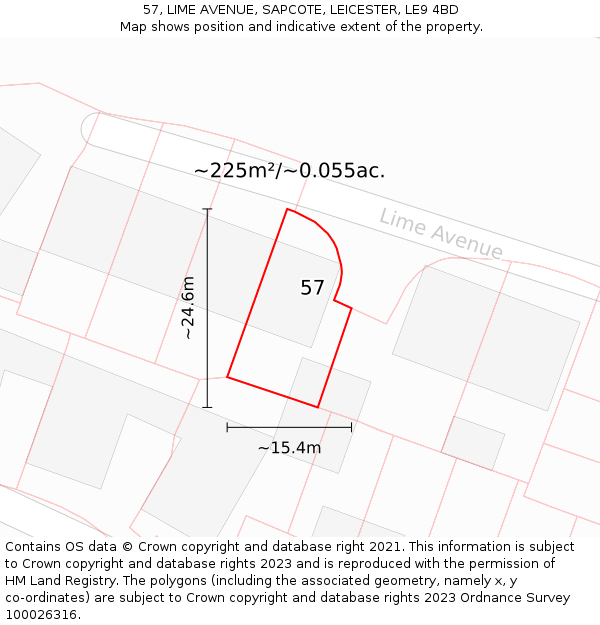 57, LIME AVENUE, SAPCOTE, LEICESTER, LE9 4BD: Plot and title map
