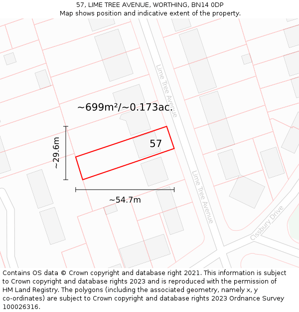 57, LIME TREE AVENUE, WORTHING, BN14 0DP: Plot and title map