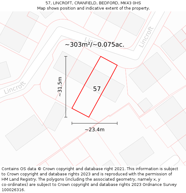 57, LINCROFT, CRANFIELD, BEDFORD, MK43 0HS: Plot and title map