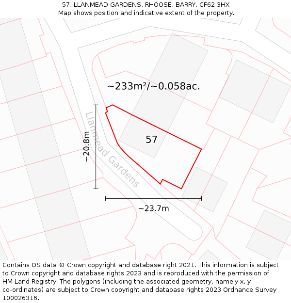 57, LLANMEAD GARDENS, RHOOSE, BARRY, CF62 3HX: Plot and title map