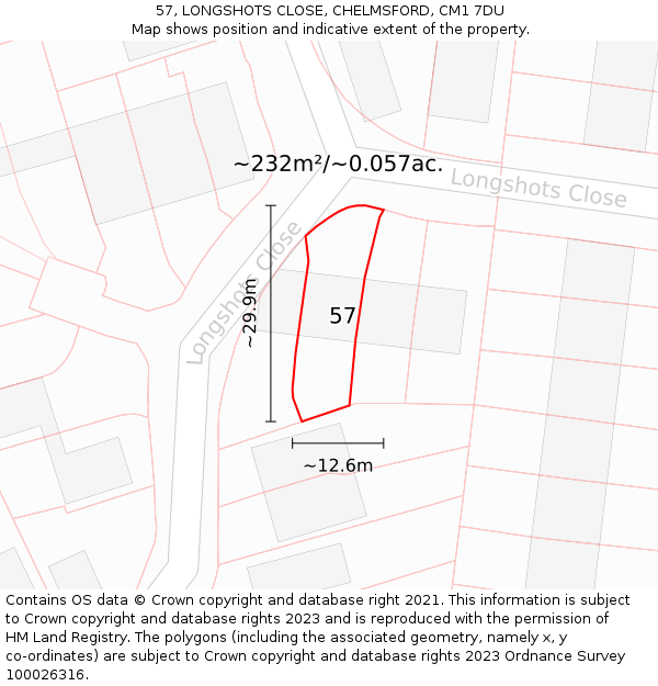 57, LONGSHOTS CLOSE, CHELMSFORD, CM1 7DU: Plot and title map