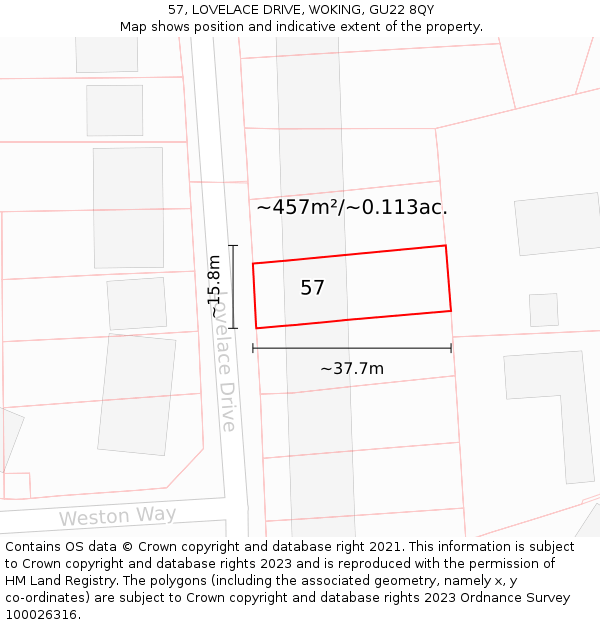 57, LOVELACE DRIVE, WOKING, GU22 8QY: Plot and title map