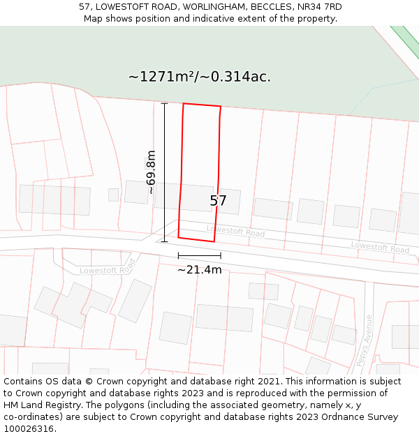 57, LOWESTOFT ROAD, WORLINGHAM, BECCLES, NR34 7RD: Plot and title map