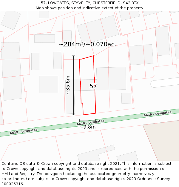 57, LOWGATES, STAVELEY, CHESTERFIELD, S43 3TX: Plot and title map