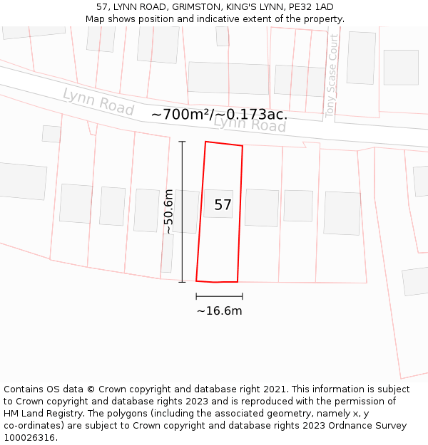57, LYNN ROAD, GRIMSTON, KING'S LYNN, PE32 1AD: Plot and title map