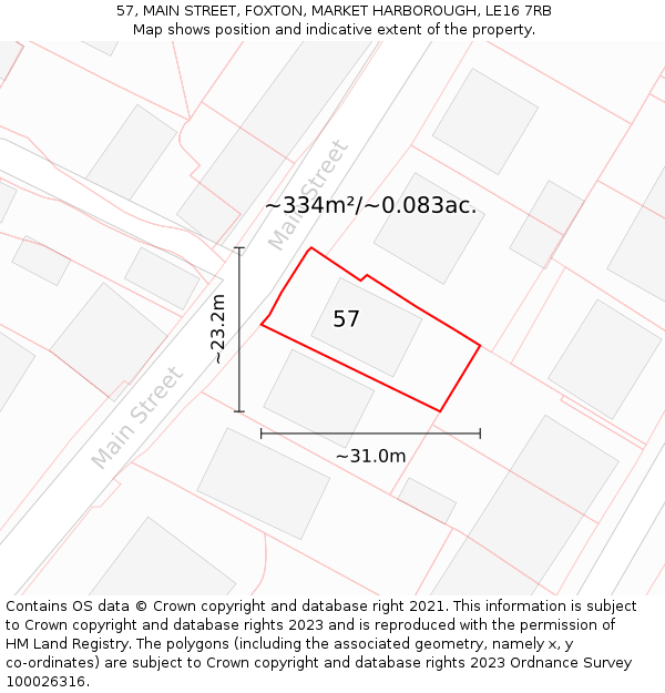 57, MAIN STREET, FOXTON, MARKET HARBOROUGH, LE16 7RB: Plot and title map
