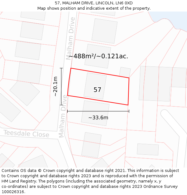 57, MALHAM DRIVE, LINCOLN, LN6 0XD: Plot and title map