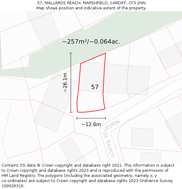 57, MALLARDS REACH, MARSHFIELD, CARDIFF, CF3 2NN: Plot and title map