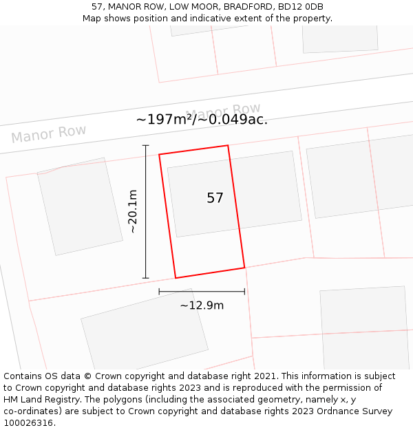 57, MANOR ROW, LOW MOOR, BRADFORD, BD12 0DB: Plot and title map