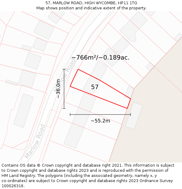 57, MARLOW ROAD, HIGH WYCOMBE, HP11 1TG: Plot and title map