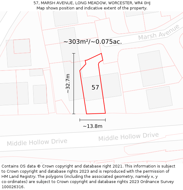 57, MARSH AVENUE, LONG MEADOW, WORCESTER, WR4 0HJ: Plot and title map