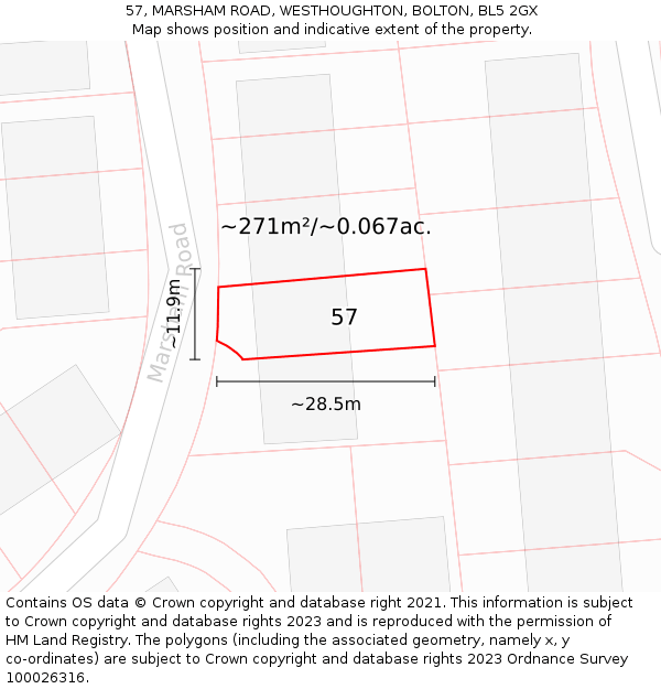 57, MARSHAM ROAD, WESTHOUGHTON, BOLTON, BL5 2GX: Plot and title map