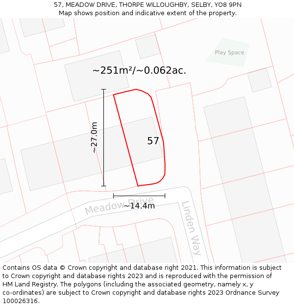 57, MEADOW DRIVE, THORPE WILLOUGHBY, SELBY, YO8 9PN: Plot and title map