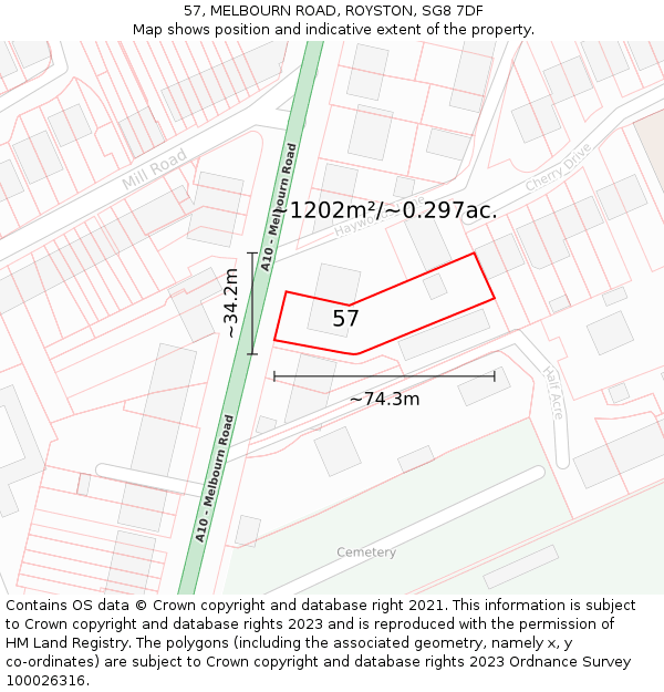 57, MELBOURN ROAD, ROYSTON, SG8 7DF: Plot and title map