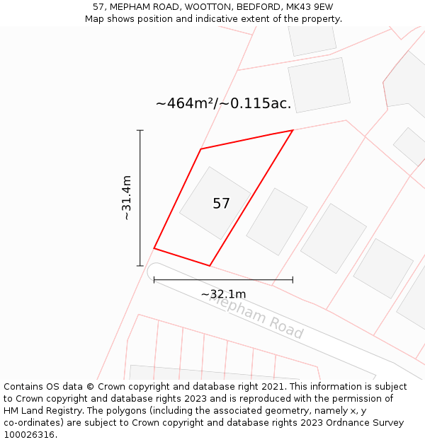 57, MEPHAM ROAD, WOOTTON, BEDFORD, MK43 9EW: Plot and title map