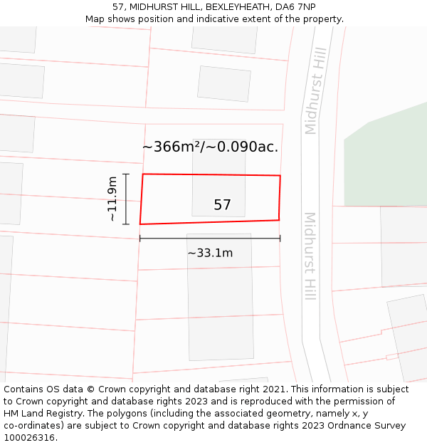 57, MIDHURST HILL, BEXLEYHEATH, DA6 7NP: Plot and title map