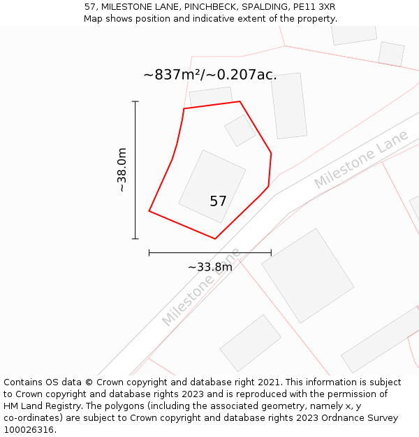57, MILESTONE LANE, PINCHBECK, SPALDING, PE11 3XR: Plot and title map