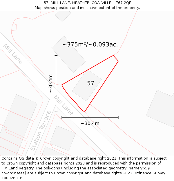 57, MILL LANE, HEATHER, COALVILLE, LE67 2QF: Plot and title map